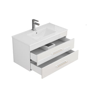 English Elm 36-Inch Modern Wall-Mounted Bathroom Vanity With Soft-Close Drawers & Glossy White Ceramic Sink W3151S00050