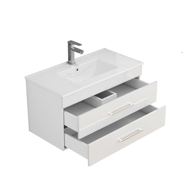 English Elm 36-Inch Modern Wall-Mounted Bathroom Vanity With Soft-Close Drawers & Glossy White Ceramic Sink W3151S00050