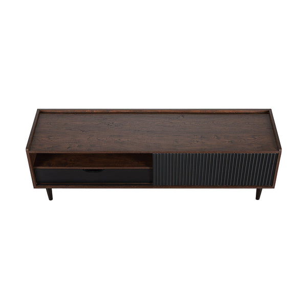 English Elm Duane Ribbed 59" Fluted TV Stand with Sliding Door, Full-Extension Drawer, Wire Management and Metal Feet Black B365P397918