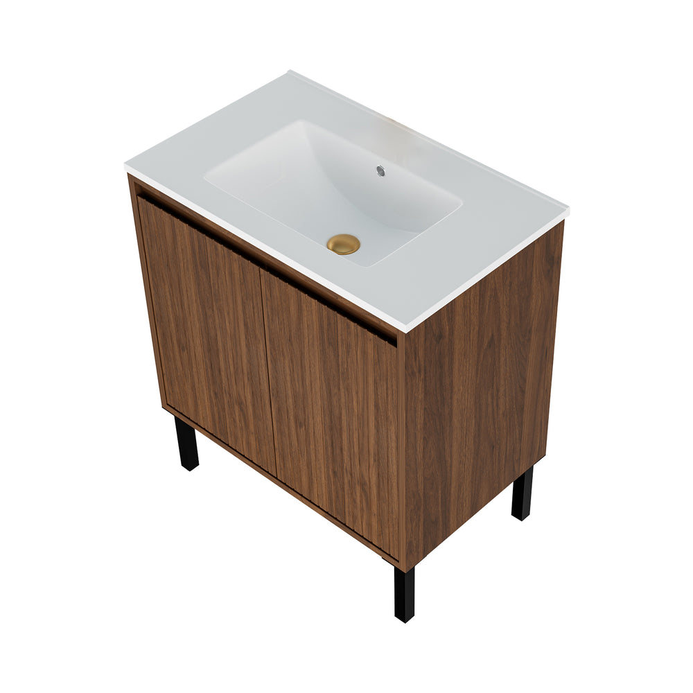 English Elm 30 Inch Floating Bathroom Vanity Matte Brown Wall-Mount MDF with Large Drawers Durable Storage PMID W3520P349558