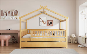 English Elm Full Size Pine House Bed with Roofline Frame and Roll Out Twin Trundle for Kids Natural LP100306AAN