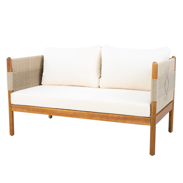 English Elm Outdoor Acacia Wood Loveseat Handwoven Rope Weave Patio Seating with Cushions Beige,Cream,Teak N768P361444T