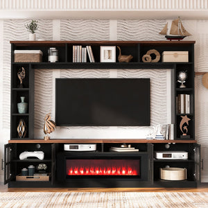 English Elm U-can Modern Farmhouse Wall Unit with Electric Fireplace Bookshelves and Glass Cabinet Doors Black+Brown SJ000153AAAB