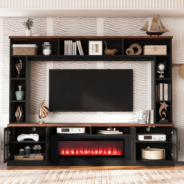 English Elm U-can Modern Farmhouse Wall Unit with Electric Fireplace Bookshelves and Glass Cabinet Doors Black+Brown SJ000153AAAB