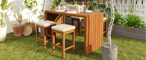 English Elm 5 Piece Acacia Wood Outdoor Bar Set with Four Cushioned Stools for Patio Dining N704G201252K