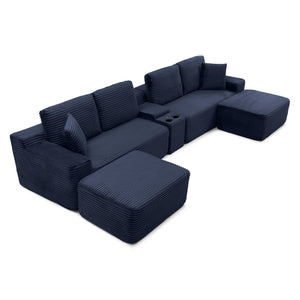 English Elm 125'' Modular L-shape Sectional Corduroy Cloud Couch with Storage and Usb Charging Blue W1117S00423