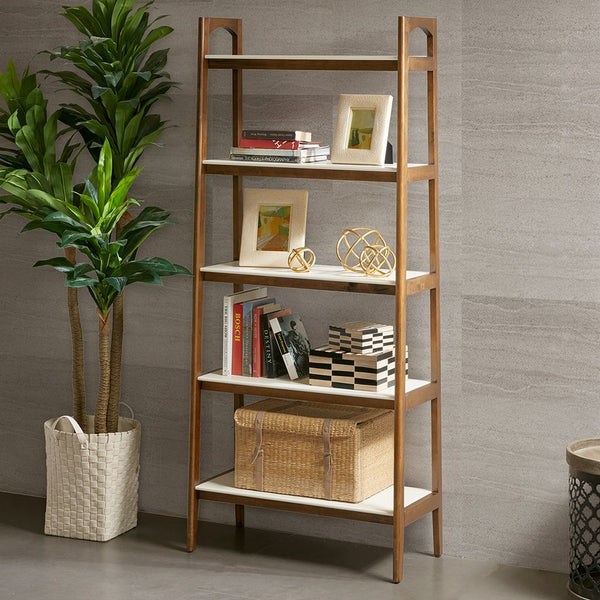 JLA Home Madison Park - Shelf Mid-Century Two-Tone Bookcase with Open Shelves, Pecan & Off-White Finish, Versatile Storage MP138-0128