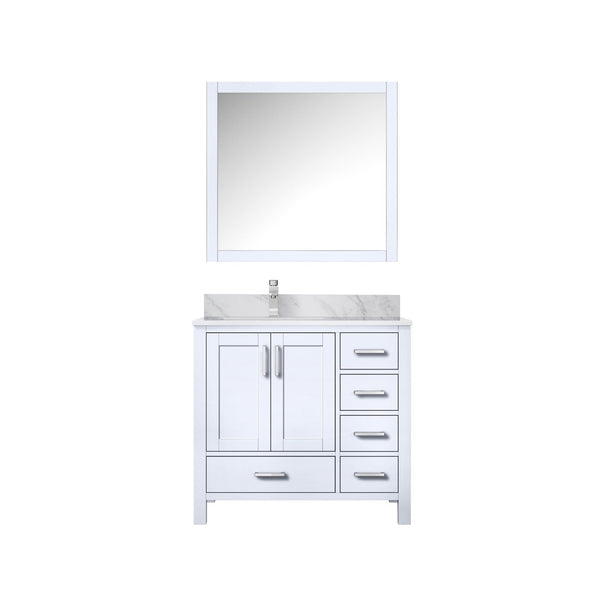 English Elm White Bath Vanity Set With Left Offset Carrara Marble Top, Faucet, And 34-In. Mirror For Stylish Upgrades B2731S01256-GIGA