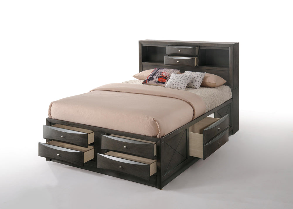 English Elm Ireland Gray Oak Finish Queen Storage Bed With Bookcase Headboard And 8 Built-In Drawers For Organization B2726S00340