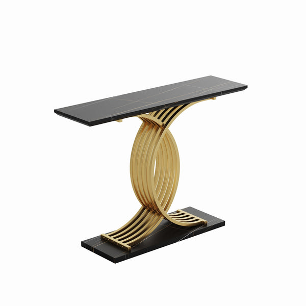 English Elm Accent Console Table Sculptural Black Gold Metal Legs Slim Entryway Hallway Decor W2263P395488