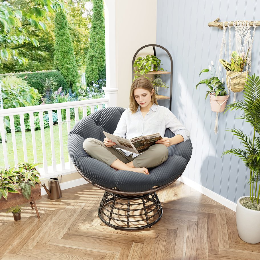 English Elm Comfortable Papasan Swivel Chair Pe Rattan Bowl Seat with Plush Corduroy Cushion W640P443552