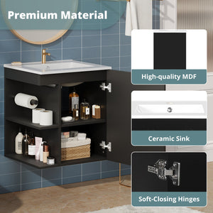 English Elm 20" Modern Bathroom Vanity with Sink Wall-Mounted Combo, Black Ceramic Basin, Soft-Close Door Storage Elegance N710P332058B