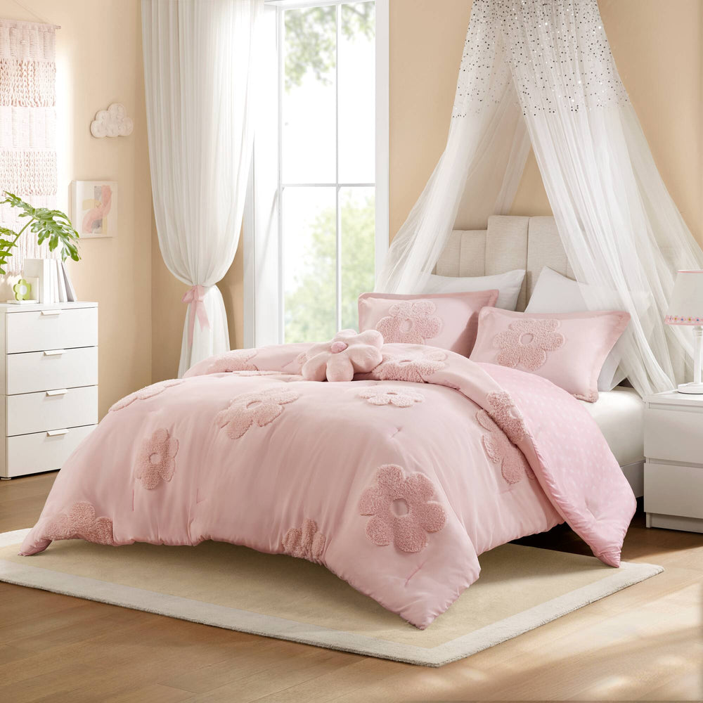 English Elm 4-piece Reversible Tufted Chenille Floral Comforter Set with Decorative Flower Pillow B035P408214