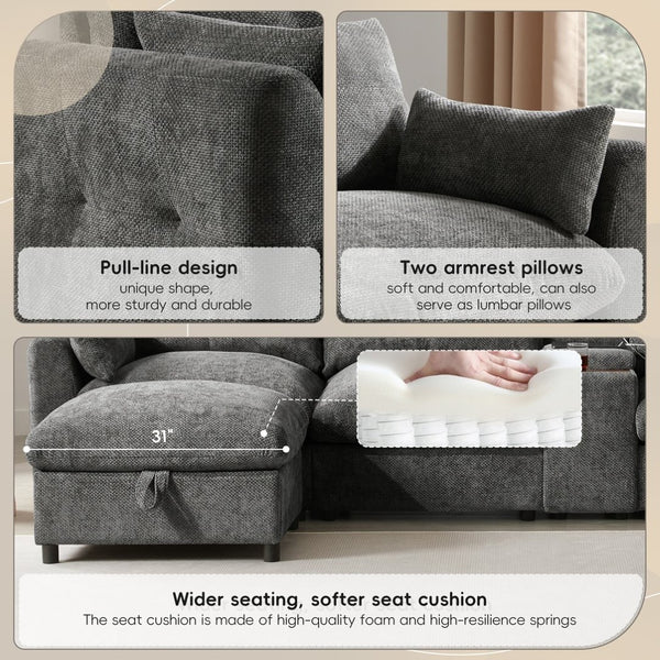 English Elm 142'' Modular Sectional Sofa - 6 Seats, Movable Ottoman, Usb Charging, Chic Chenille Style N723S9777E-GIGA