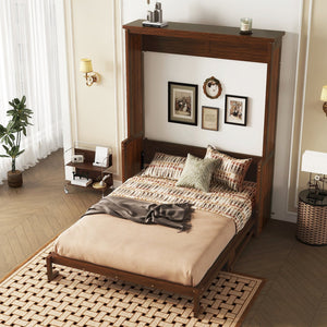 English Elm Queen Murphy Wall Bed with Integrated Desk Gas Strut Lift White Cabinet for Small Spaces Walnut W504S00226