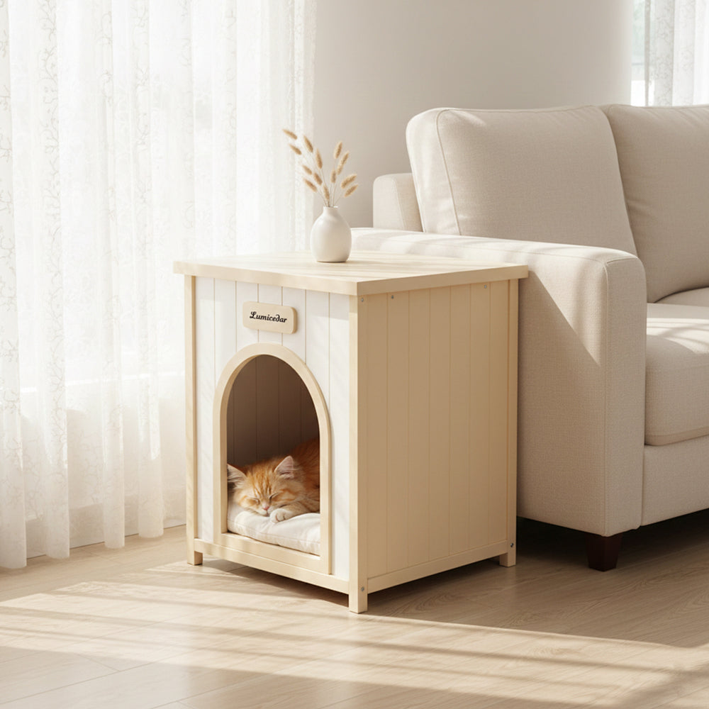 English Elm Modern Solid Cedar Pet House with Flat Roof Side Table for Small Dogs and Cats W3799P382209