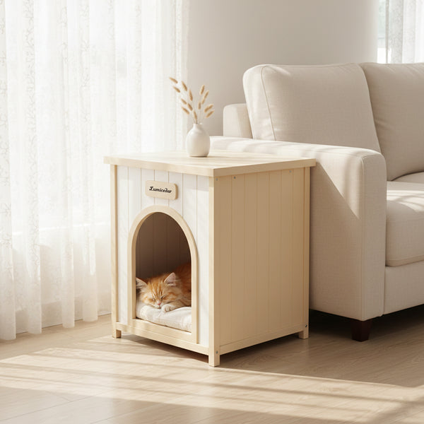 English Elm Modern Solid Cedar Pet House with Flat Roof Side Table for Small Dogs and Cats W3799P382209