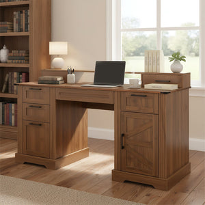 English Elm 59" Fluted Oak L-shaped Corner Desk with Charging Station Monitor Stand and File Storage Dark Walnut W2917S00007