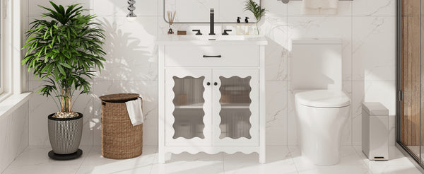 English Elm Christopher Knight Home® - 30 Inches Bathroom Vanity With Tempered Glass Doors, Space-Saving Design, White Rubber Wood Style N817P299499W