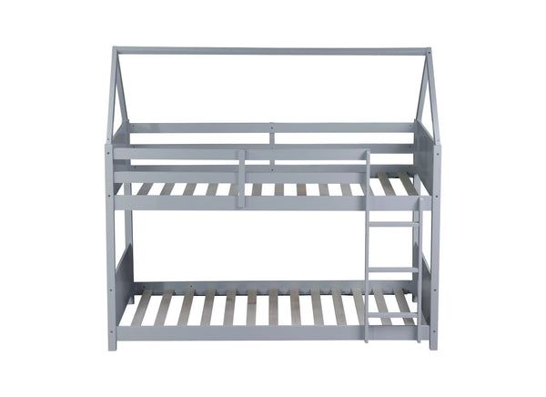 English Elm Twin House-Style Floor Bunk Bed With Safety Guardrails, Durable Rubberwood, And Fun Grey Finish W504P314947-GIGA