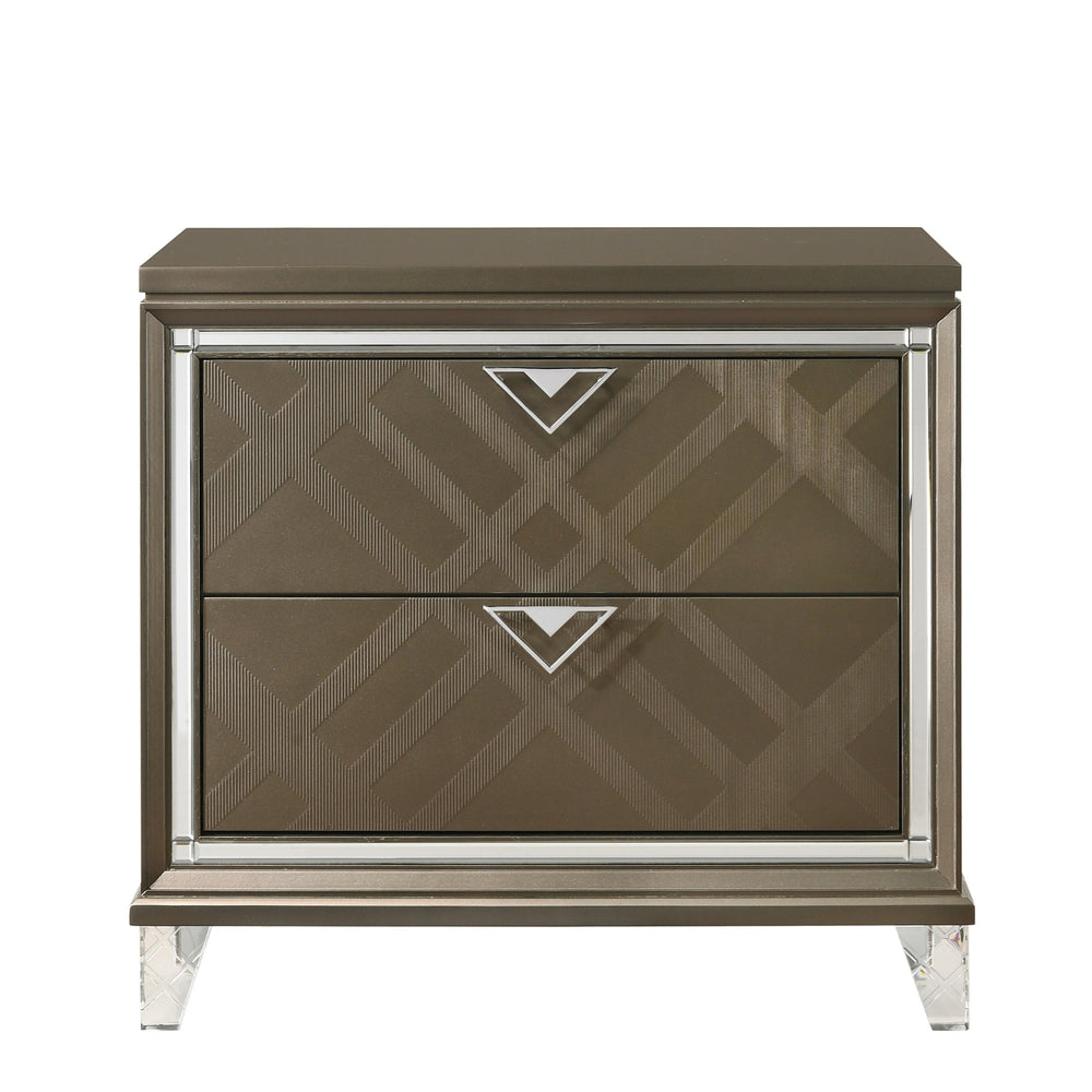 English Elm Modern Glam Nightstand with Mirror Inlay and Patterned Drawers, Luxurious Accent Table 26x17x27 Champagne 20.5 L x 33 W x 29 H B2741P324364