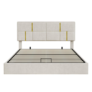 English Elm 2-pieces Queen Platform Bed Set Pu Upholstered Hydraulic Storage with Gold Accent Ottoman N733S362242A
