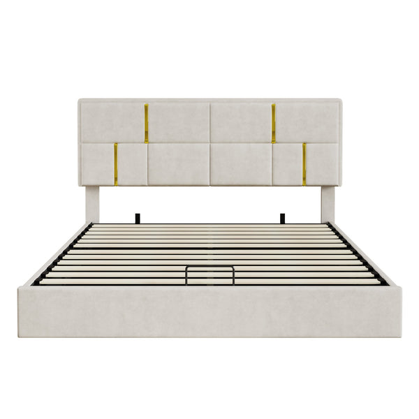 English Elm 2-pieces Queen Platform Bed Set Pu Upholstered Hydraulic Storage with Gold Accent Ottoman N733S362242A