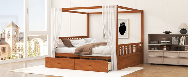 English Elm Wooden Canopy Queen Bed Solid Frame with Built-in Storage Drawers Slatted Base Walnut N7090005037L