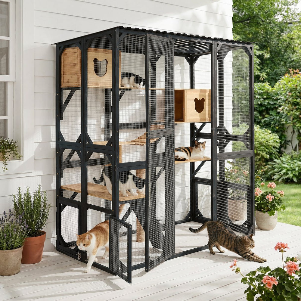 English Elm Outdoor Fir Wood Window Catio Enclosure with Four Climbing Platforms for Cats Black,Natural N719P418377N