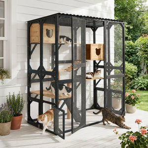 English Elm Outdoor Fir Wood Window Catio Enclosure with Four Climbing Platforms for Cats Black,Natural N719P418377N
