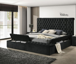 English Elm Luxurious Round Queen Bed with Velvet Tufted Headboard, Studded Accents and Hidden Storage Space Black 40.5 L x 72 W x 9 H B011S01649