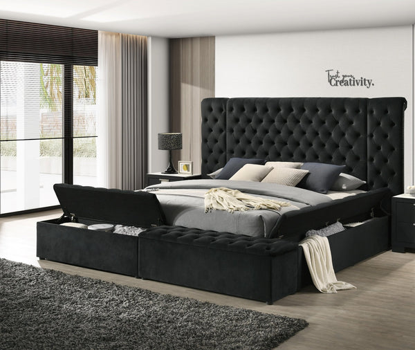English Elm Luxurious Round Queen Bed with Velvet Tufted Headboard, Studded Accents and Hidden Storage Space Black 40.5 L x 72 W x 9 H B011S01649