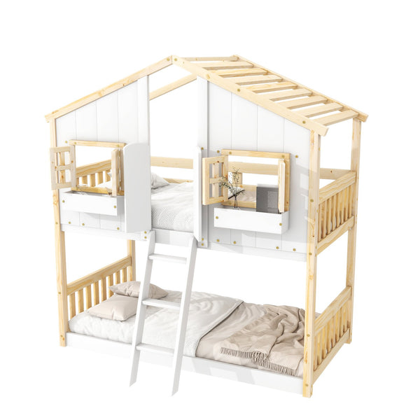 English Elm Twin House Bunk Bed with Roof, Window Box, Door, Guardrails & Ladder—Sturdy Pine Playful Design for Kids Natural+White W504S00147
