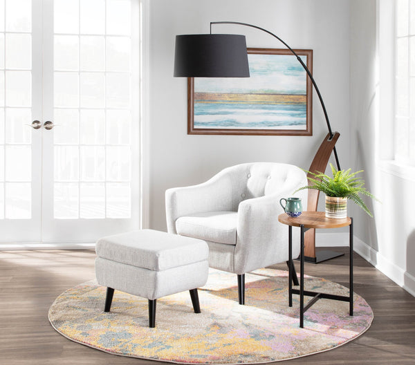 English Elm Mid-century Modern Arc Floor Lamp with Bentwood Base and Black Linen Reading Shade B202S02209
