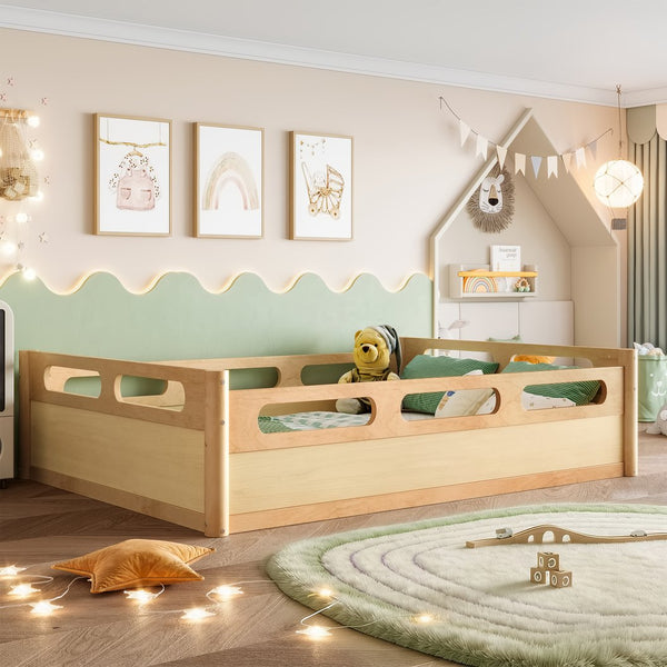 English Elm Twin Low Profile Floor Bed with Guardrails Pine Wood Frame Minimalist Bedroom Natural W1580P438793