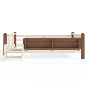 English Elm Twin Pine Floor Bed for Kids with Side Bookcases Built-in Stairs and Safety Guardrails Beige W1580P390220