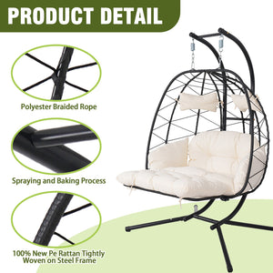English Elm 2 Person Wicker Hanging Egg Chair with Stand Padded Swing for Patio or Garden T5880P500209