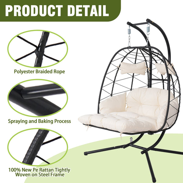 English Elm 2 Person Wicker Hanging Egg Chair with Stand Padded Swing for Patio or Garden T5880P500209