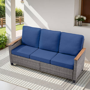 English Elm 73.2" Outdoor Handwoven Rattan 3 Seat Sofa with Olefin Cushions for Porch or Patio Blue T3773P418280