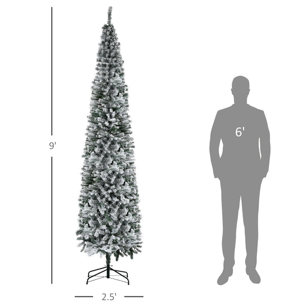 English Elm Homcom 9' Slim Snow-Flocked Artificial Christmas Tree - Realistic Branches, 1014 Tips, Space-Saving Elegance W2225P249661