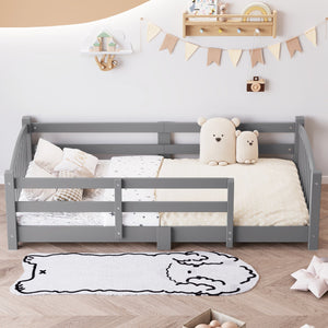 English Elm Twin Montessori Floor Bed Solid Pine Frame with Safety Guardrails for Kids Bedroom Gray N733P400298E