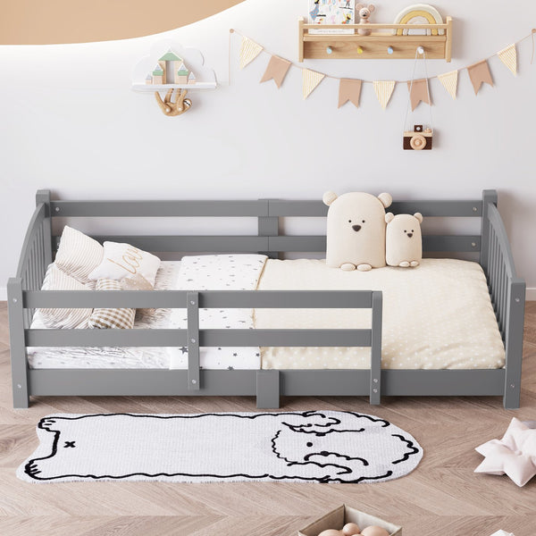 English Elm Twin Montessori Floor Bed Solid Pine Frame with Safety Guardrails for Kids Bedroom Gray N733P400298E