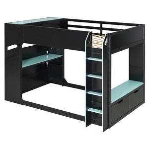 English Elm Full Size Loft Bed with Rgb Lighting Desk Drawers Hanging Rod Teen Bedroom Blue LT000288AAC-1
