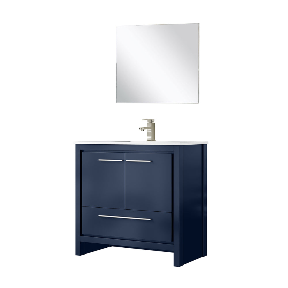 English Elm Navy Blue Bath Vanity Set 36" With White Quartz Top, Brushed Nickel Faucet & 28" Mirror - Elegant Design B2731S02064
