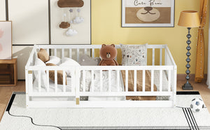 English Elm Full Size Pine Montessori Floor Bed with Fence & Removable Door, Sturdy Kids Bed White Playhouse W1820P349301