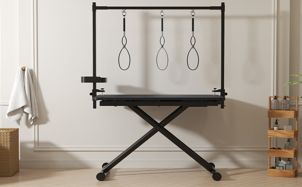 English Elm 47'' Foldable Dog Grooming Table X-lift Adjustable Height Station with Arm Noose Organizer W3587P358750