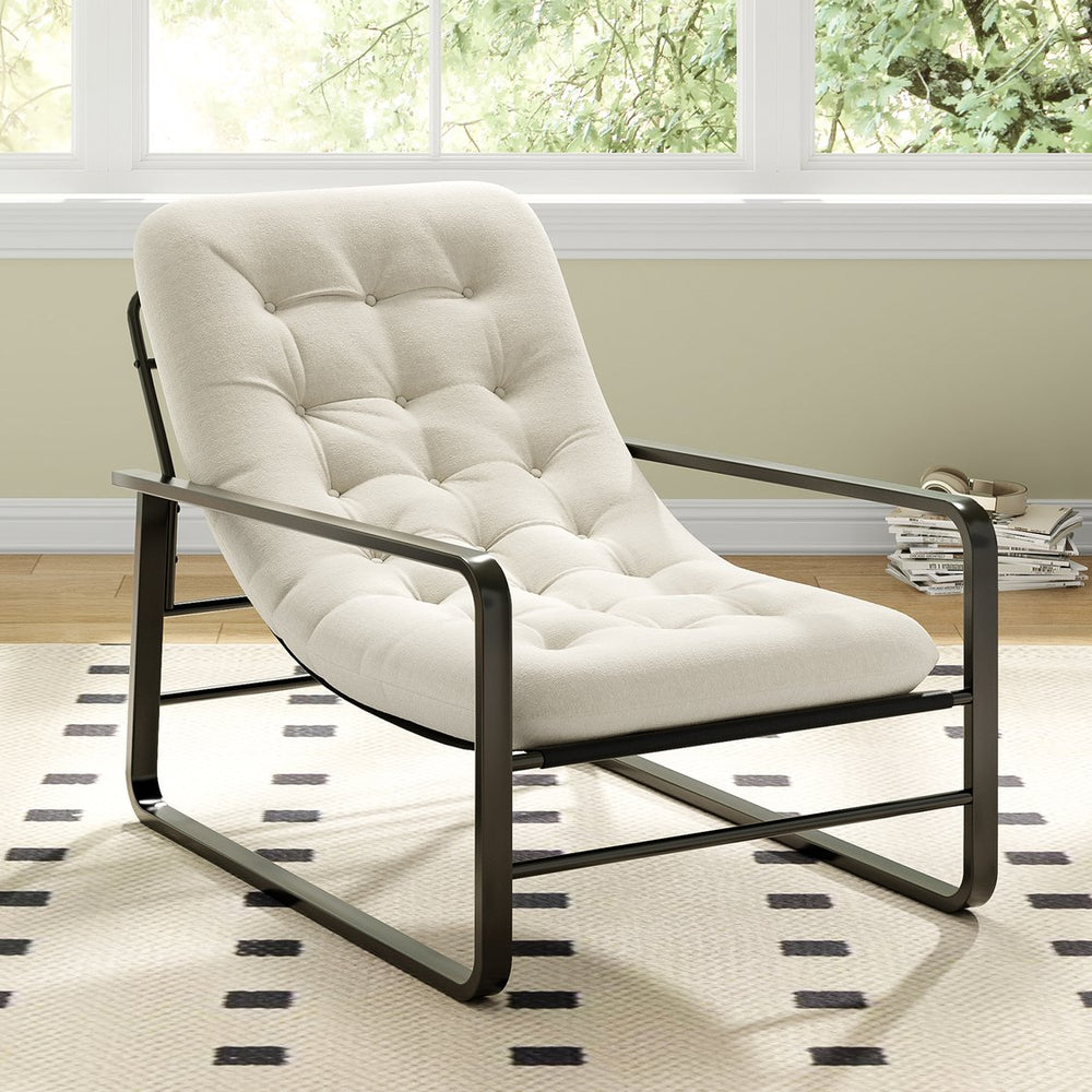 English Elm Accent Chair Plush Boucle Sherpa Upholstered Mid Century Reading Seat for Bedroom Beige T3623P411794