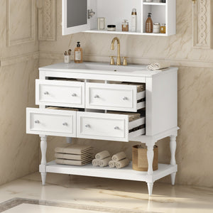 English Elm 36" Bathroom Vanity with Sink Combo, 36" Ceramic Undermount Basin, Solid Wood Frame, 4 Drawers, Waterproof Painted Finish White N710P250654K