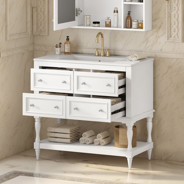 English Elm 36" Bathroom Vanity with Sink Combo, 36" Ceramic Undermount Basin, Solid Wood Frame, 4 Drawers, Waterproof Painted Finish White N710P250654K
