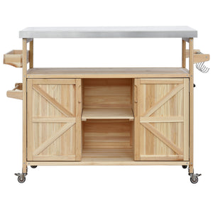English Elm K&K Outdoor Kitchen Island Rolling Bar Cart with 1.2" Stainless Steel Top, Ample Storage, Wheels and Spice Rack Natural WF532198AAY